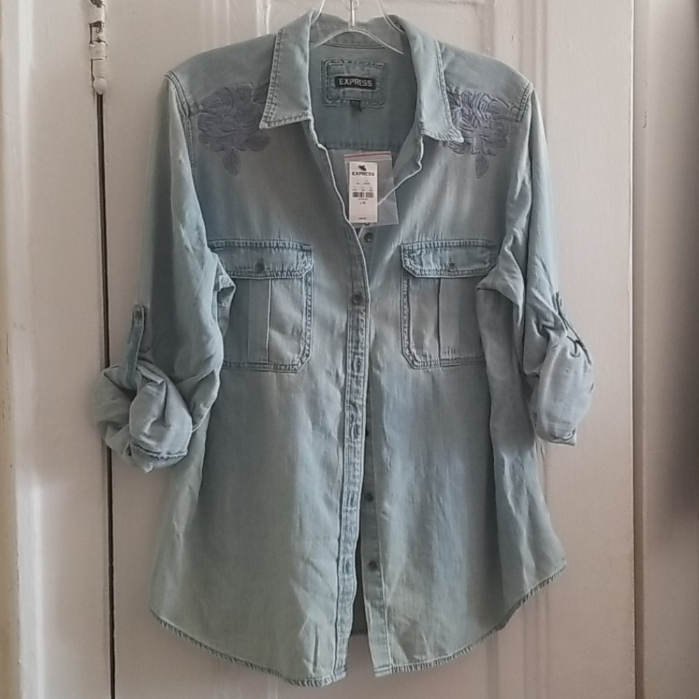 Express embroidered chambray denim shirt, size L, NWT